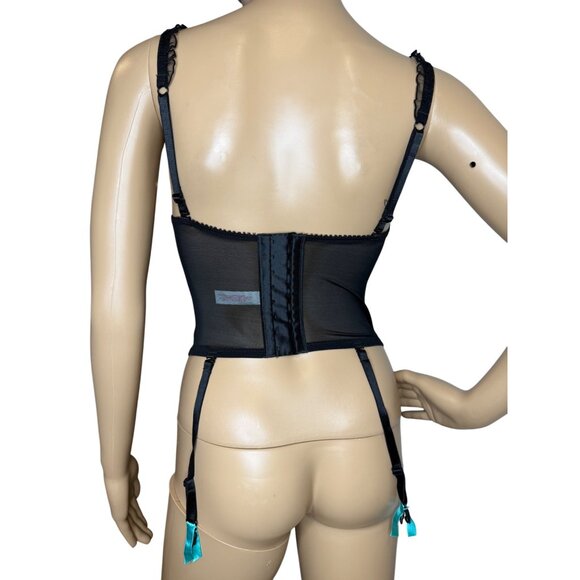 Y2K Grungy Black & Turquoise Bustier Corset Garters 32B - Picture 2 of 7